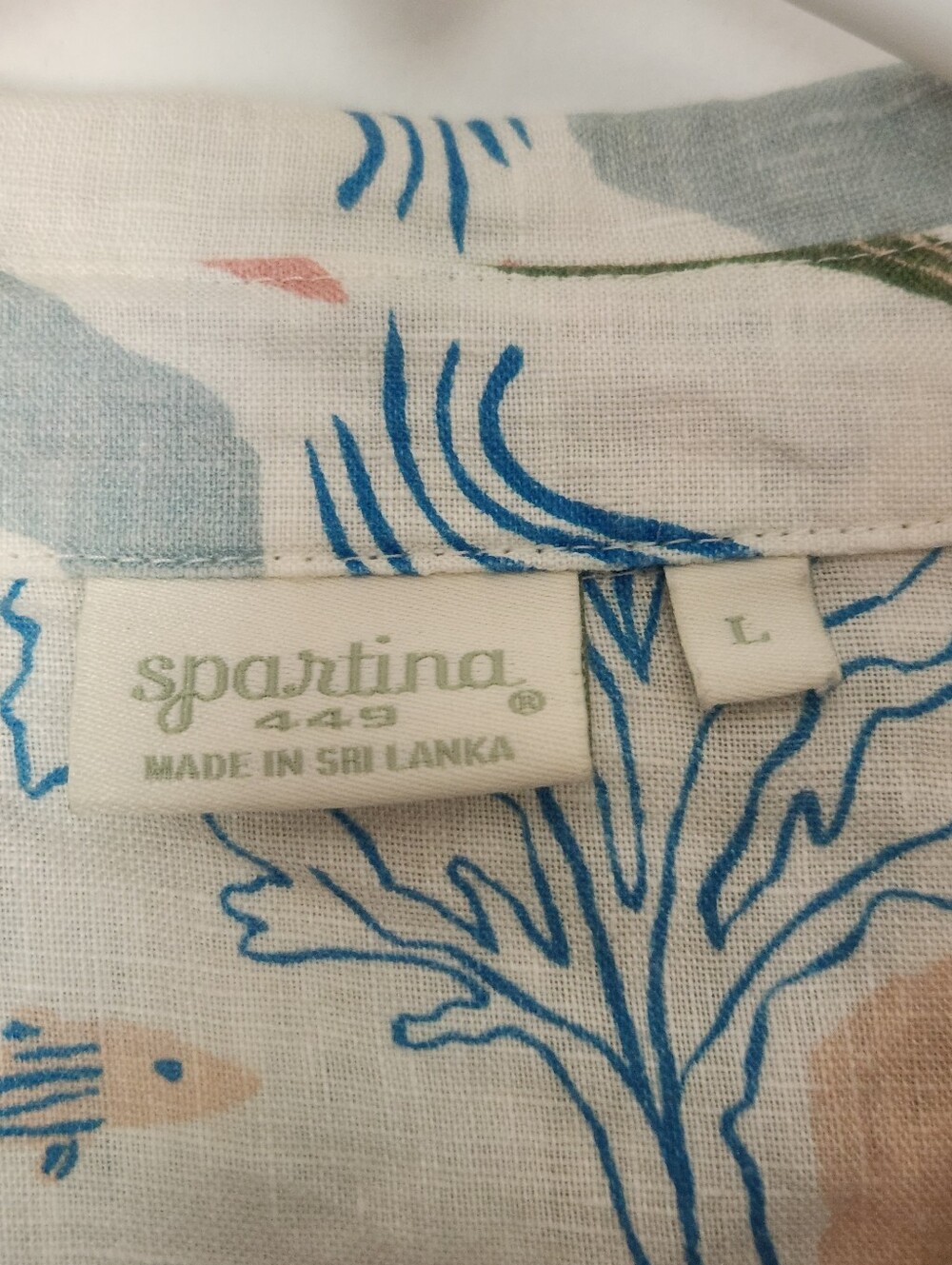 Spartina 449 Callie Linen Shirt Mermaid Coral Beach Seahorse Ocean Print Size L - Picture 3 of 10